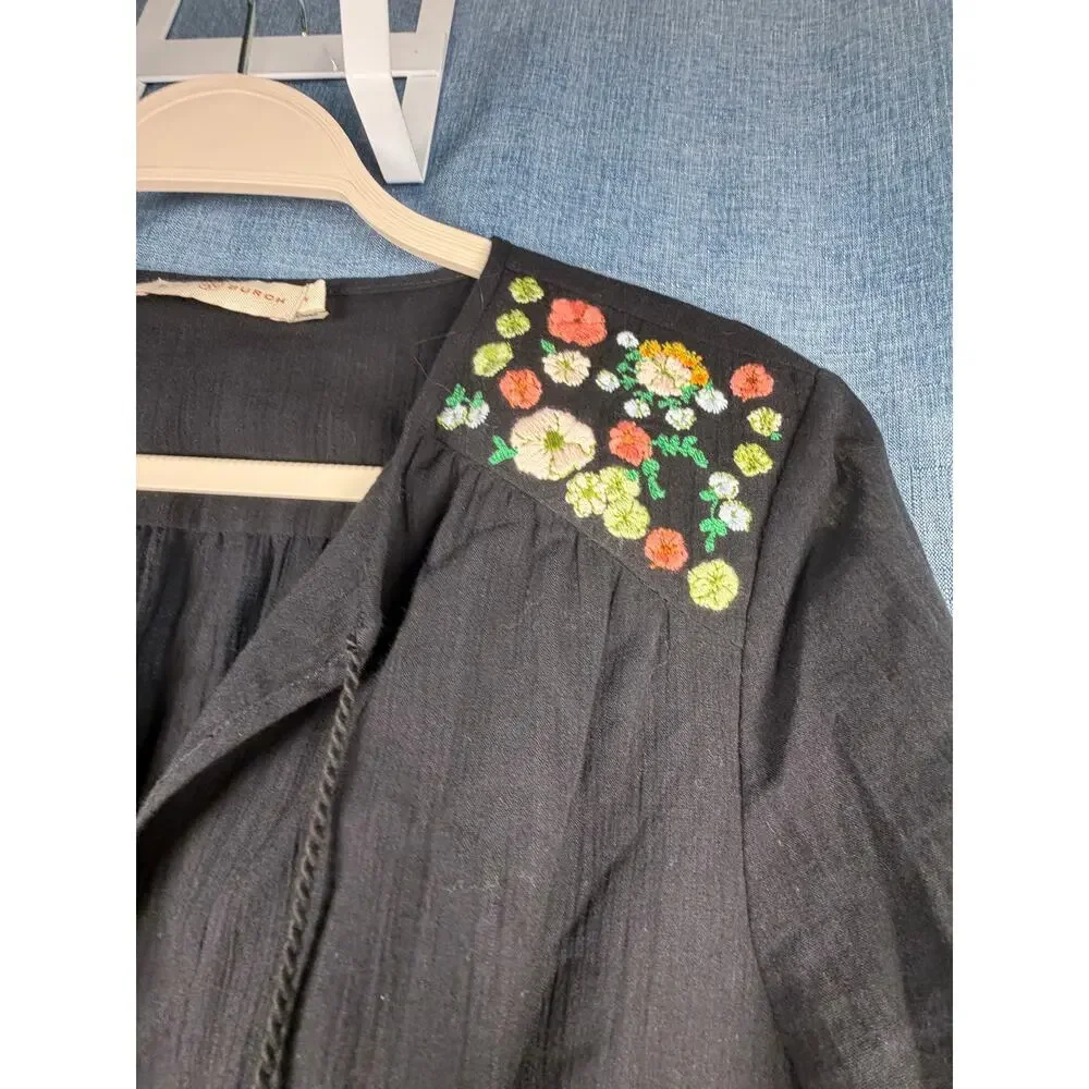 Vintage Black Embroidered Boho Peasant‎ Mini Dress Pom Pom Tassel Tunic